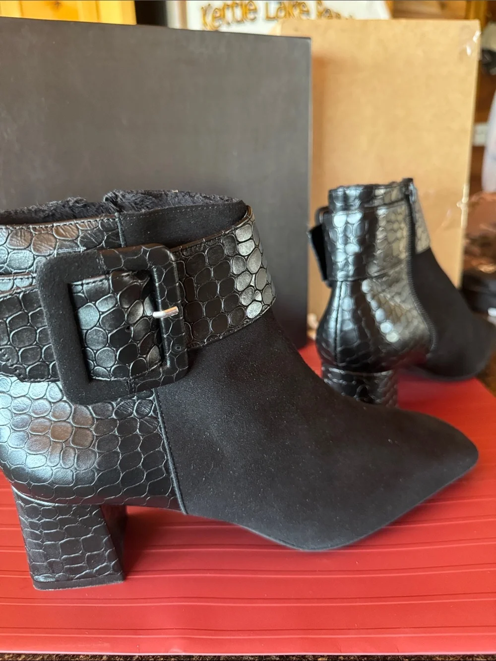 Ron White Black Suede Ankle Boot with Croc-Embossed Buckle